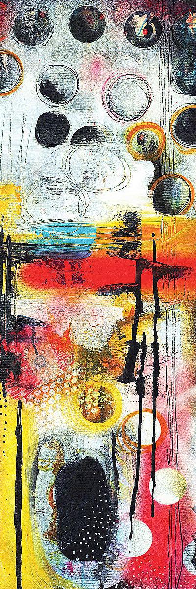 A long abstract painting with reds, yellows and circular accents for vertical spaces.