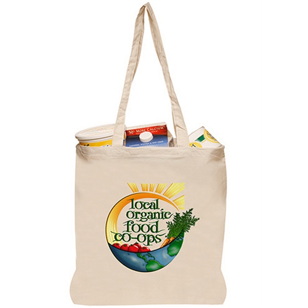 A canvas tote bag with food store branding as an example.