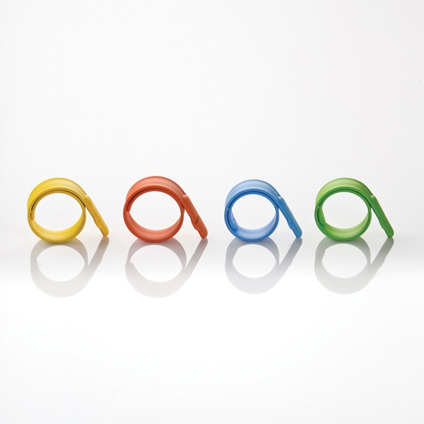Slap on bracelet USB drives in yellow, orange, blue, and green.