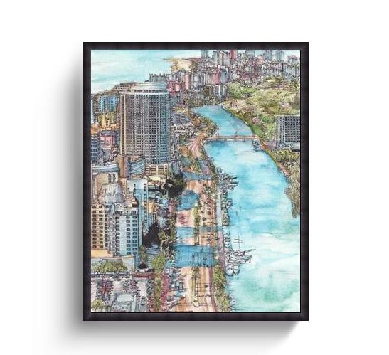 A watercolor cityscape with a river.