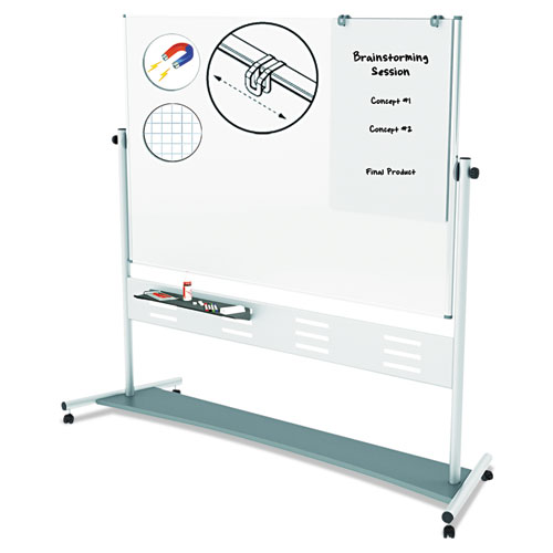 Magnetic Reversible Mobile Easel, 70 4/ 5w x 47 1/ 5h, 80"h, White/ Silver with graphics of features.