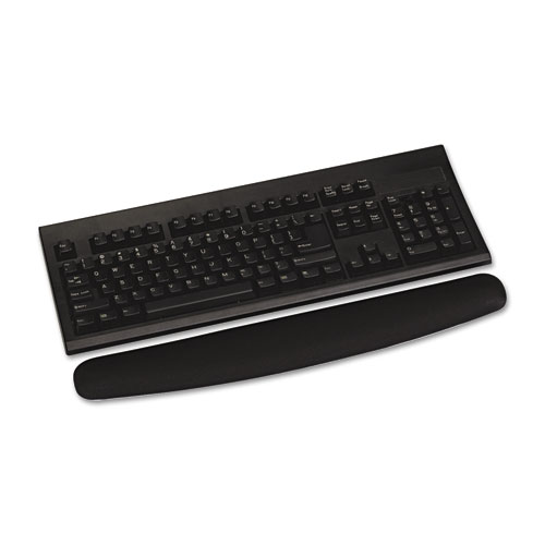 Antimicrobial foam keyboard wrist rest in black shown with a keyboard
