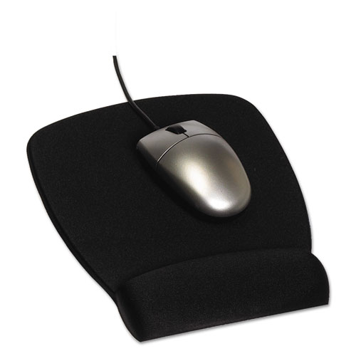 Black antimicrobial foam mouse pad wrist rest shown with a silver computer mouse
