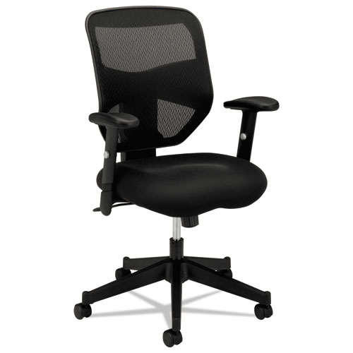 A detail of a black HON ergonomic task chair.