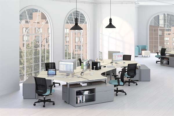 The Empower cubicle system is connected to make several workstations in a single island in the office space