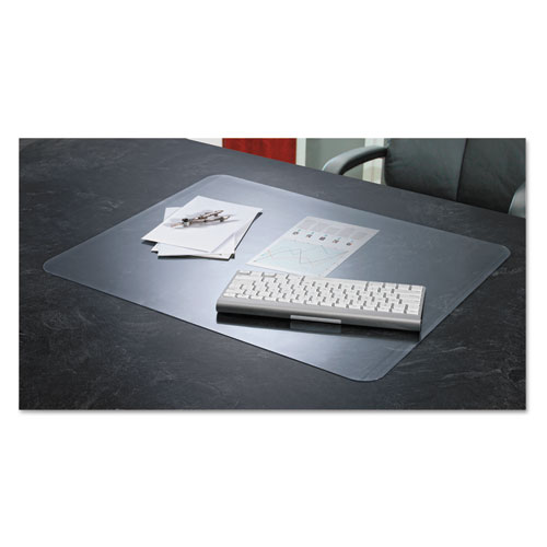 An antimicrobial desk pad with a wireless keyboard on top of it and a graph underneath