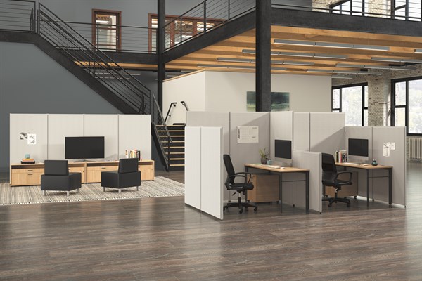 open-layout office with cubicles