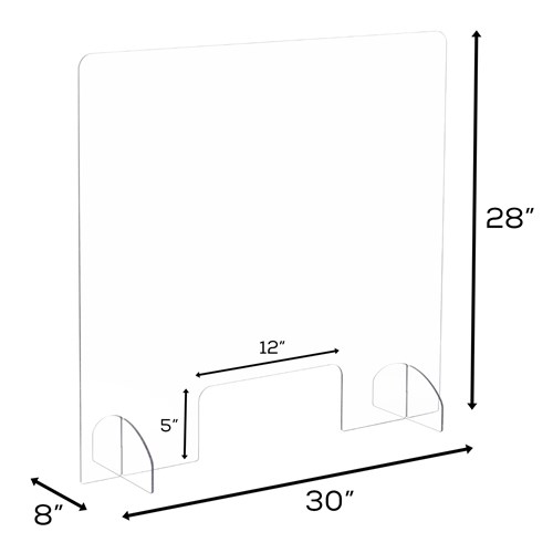 Dimensions of portable freestanding all-acrylic sneeze guard with document pass-through