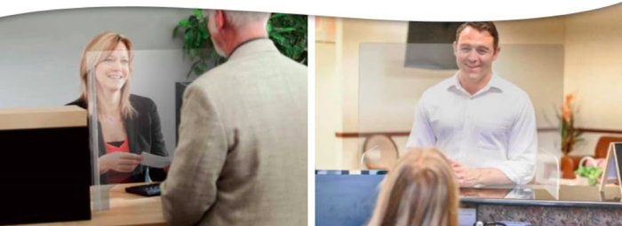 Left: A corporate receptionist greets a guest. Right: A healthcare receptionist greets a patient