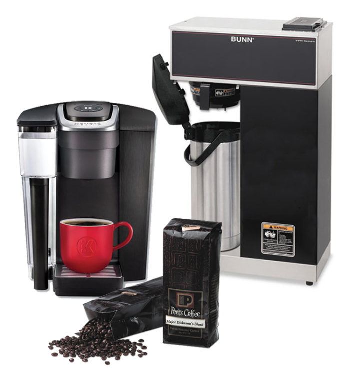 A Keurig single coffee cup maker, Bunn Coffee Machine, and Peet's Coffee beans